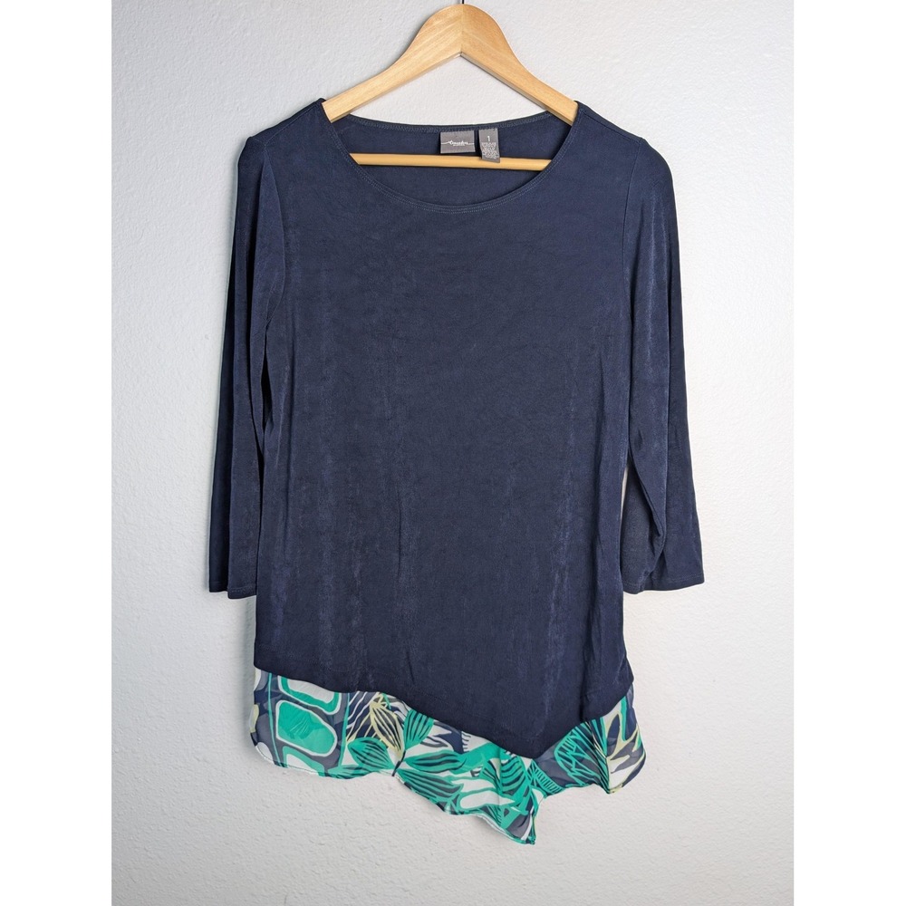 Chicos Travelers Tunic‎ Top Womens 1 Blue 3/4 Sleeve Tropical Ruffle Hem